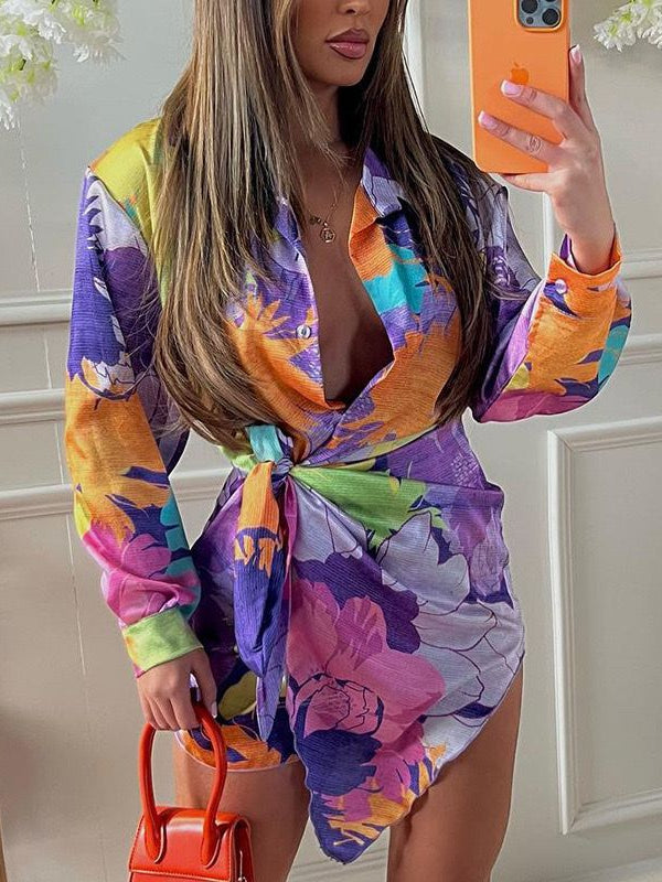 Tie & Dye Print Wrap Short Dress