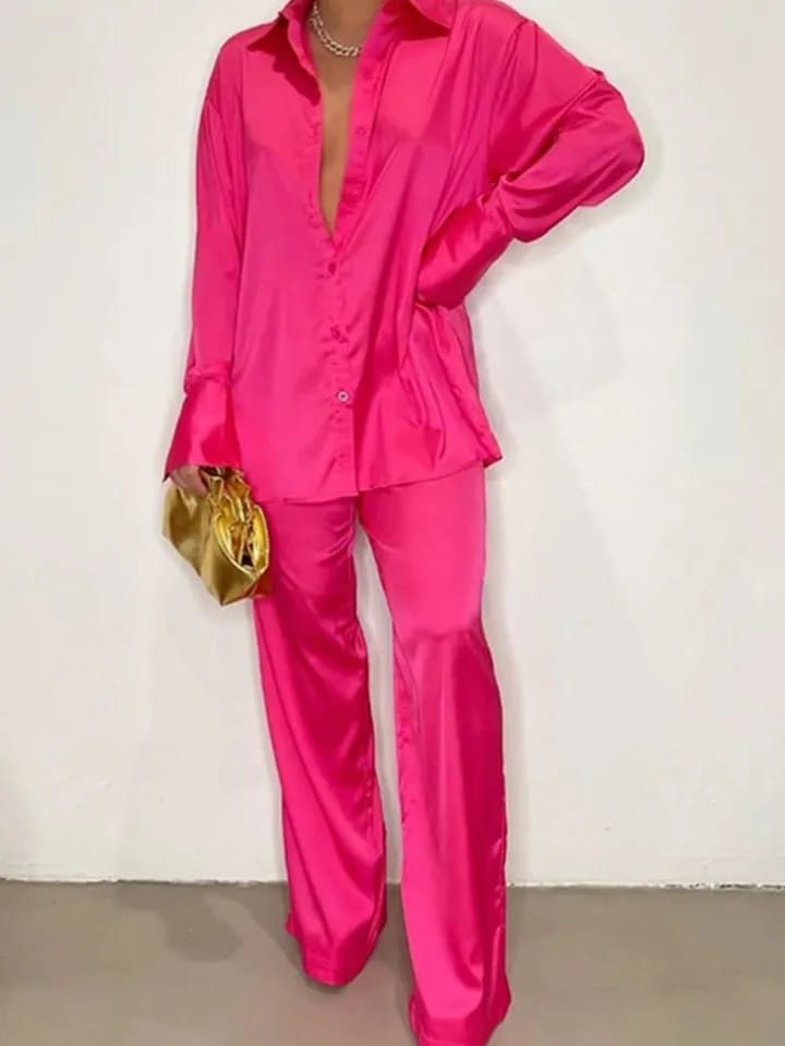 Fuchsia Pink Satin Shirt & Pants Coord Set