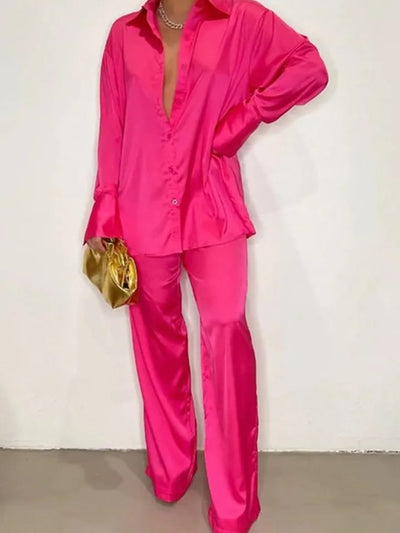 Fuchsia Pink Satin Shirt & Pants Coord Set