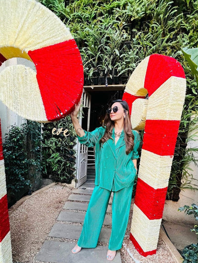 Green Pleated Blazer & Pants Co-ord Set