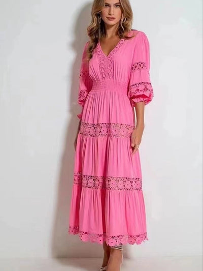 Lantern Sleeves Patchwork Lace Maxi Dress