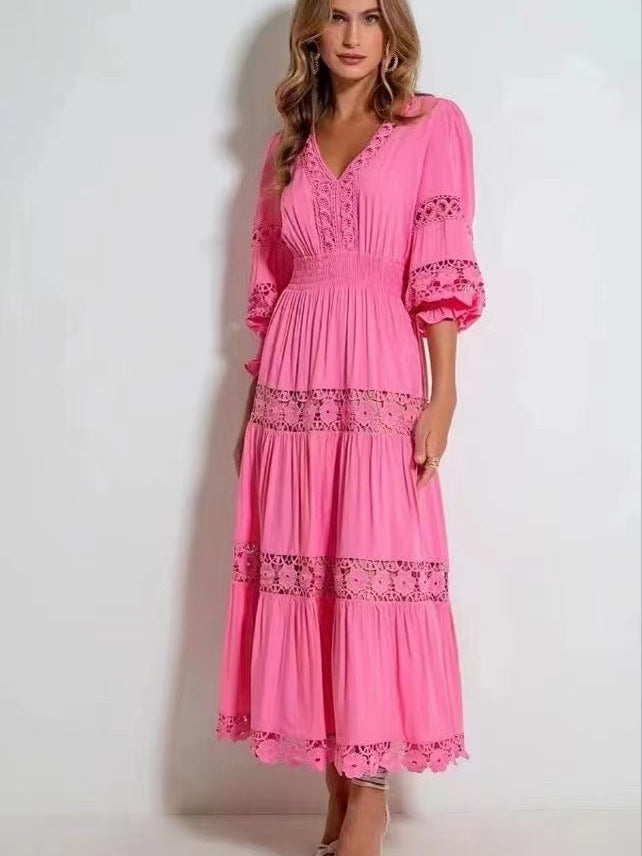 Lantern Sleeves Patchwork Lace Maxi Dress