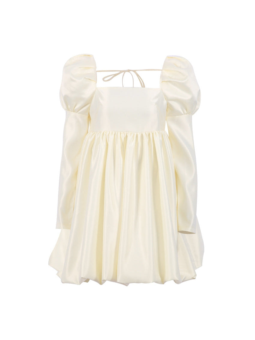 Ice Silk Square Collar Puff Sleeve French Satin Dress