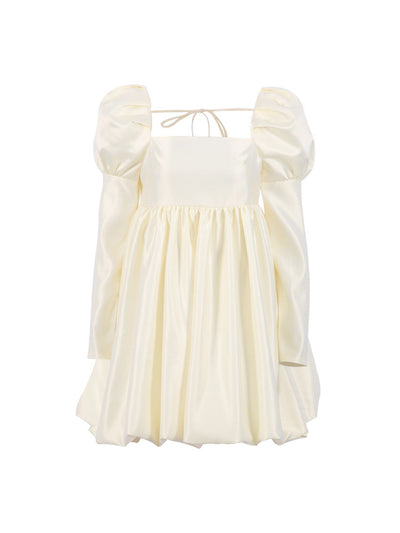 Ice Silk Square Collar Puff Sleeve French Satin Dress