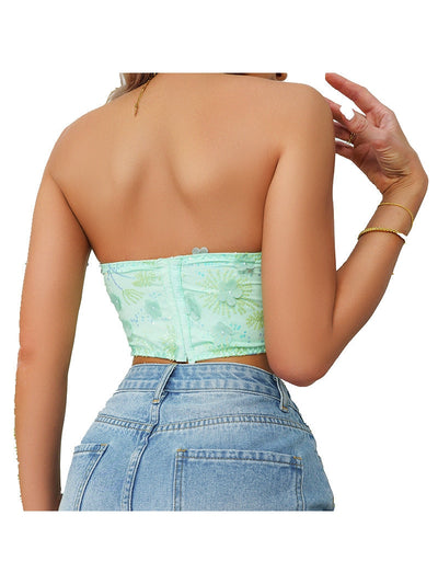 3D Rose Green Bandeau Sequined Boning Corset