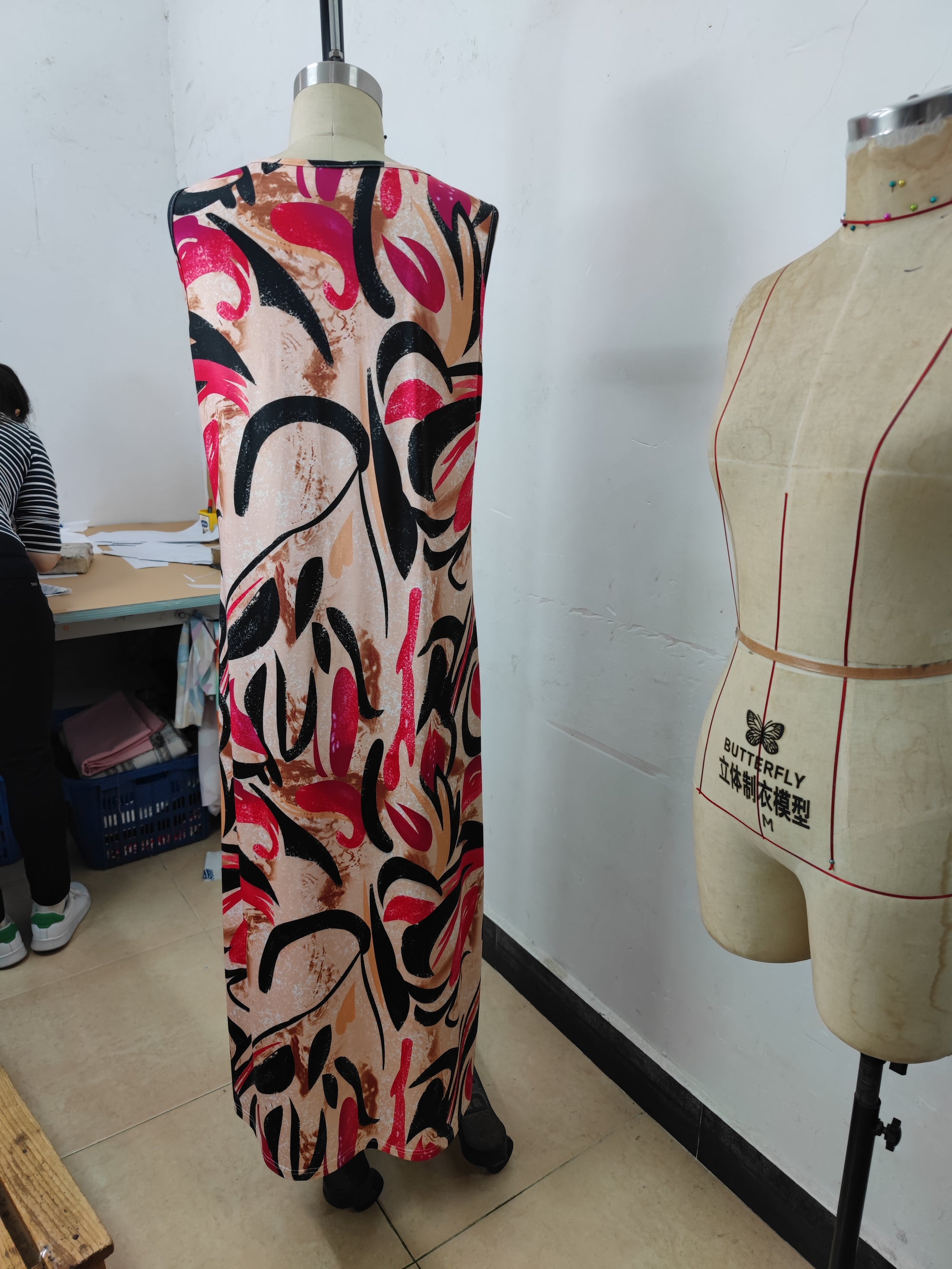 Bohemian Red Black Printing V Neck Maxi Dress