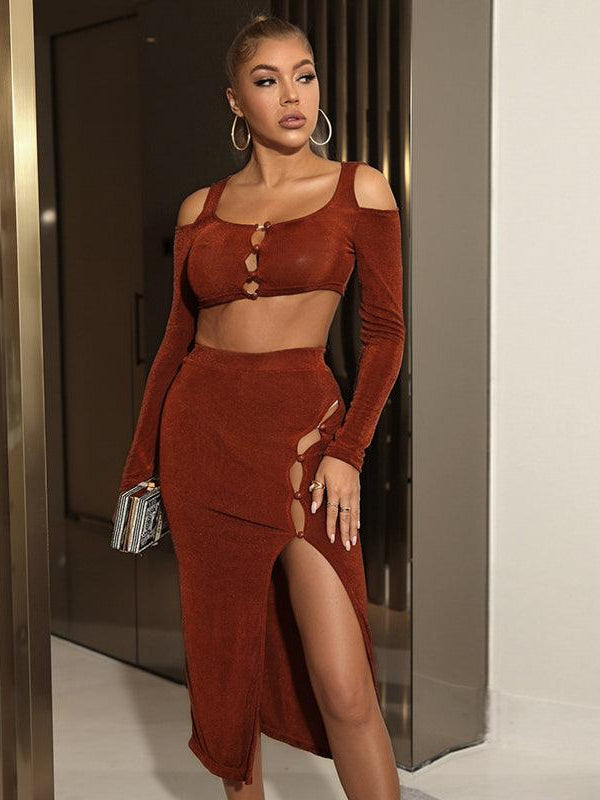 Cropped Top And High Split Skirt Women Co-Ord.