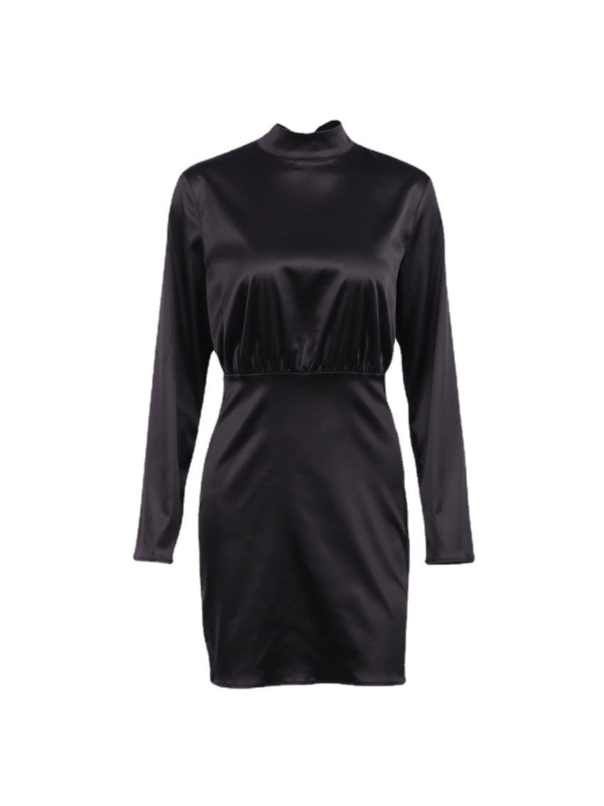 French Turtleneck Backless Lace up Bow A line Dress