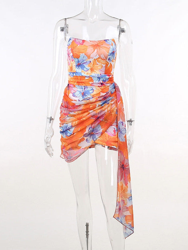 Floral Print Sheath Tube Top Ribbon Dress
