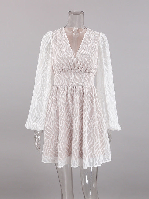 Jacquard Print Lantern Sleeves A Line Dress