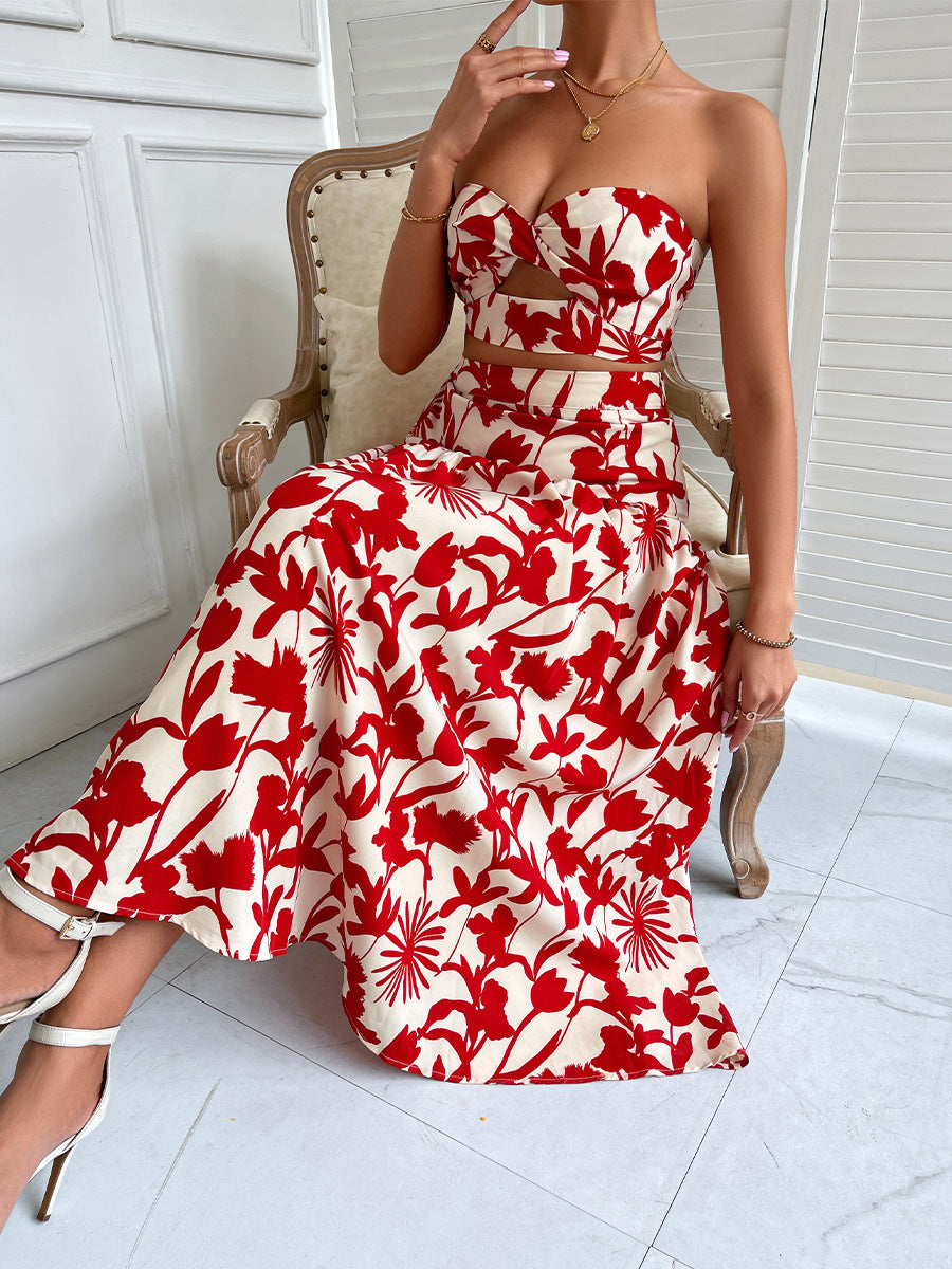 Floral Print Tube Crop Top & Long Skirt Coord Set