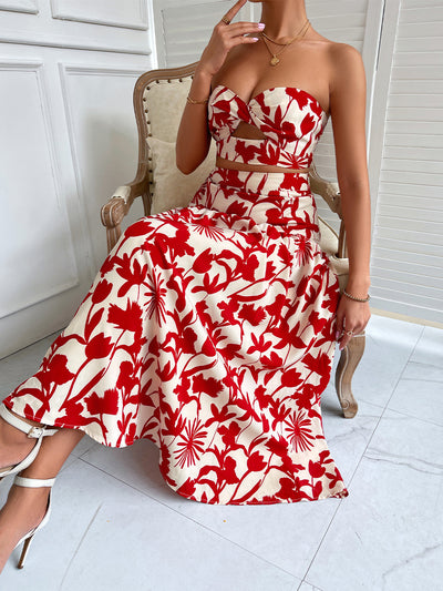 Floral Print Tube Crop Top & Long Skirt Coord Set