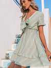 Bow-knot Short Sleeve V-neck Ruffle Stripe Mini Dress