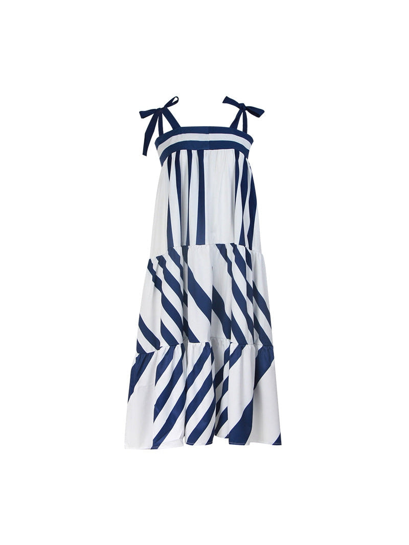 Suspender Lace up Mid Length Striped Loose Dress