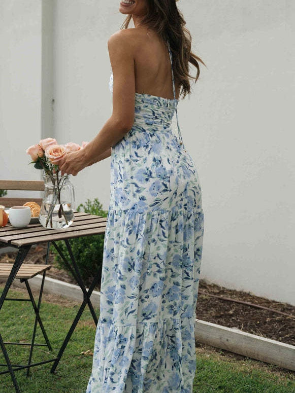 Floral Print Chiffon V Neck Sleeveless Maxi Dress