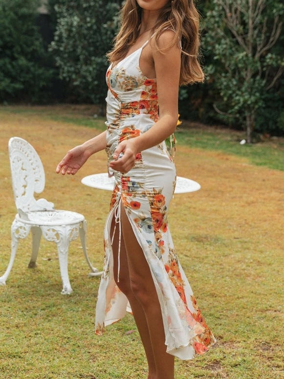 Floral Print Spaghetti Strap Slit Dress