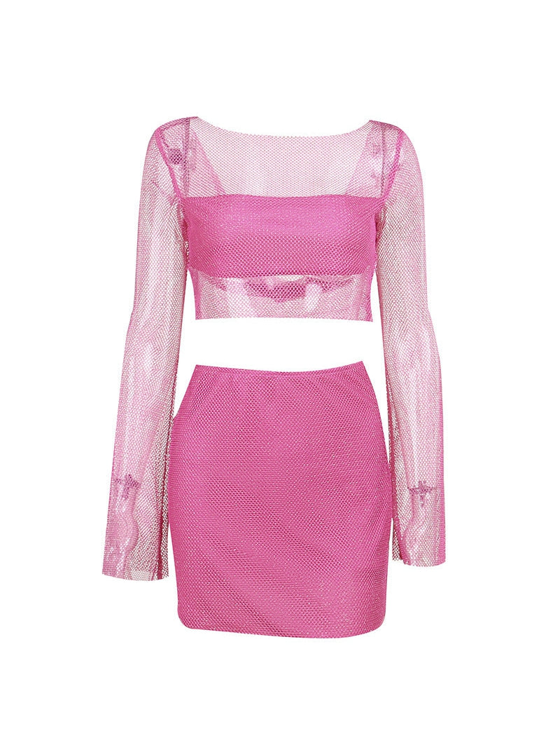 Sheath Long Sleeve Mesh Top & Skirt Coord Set
