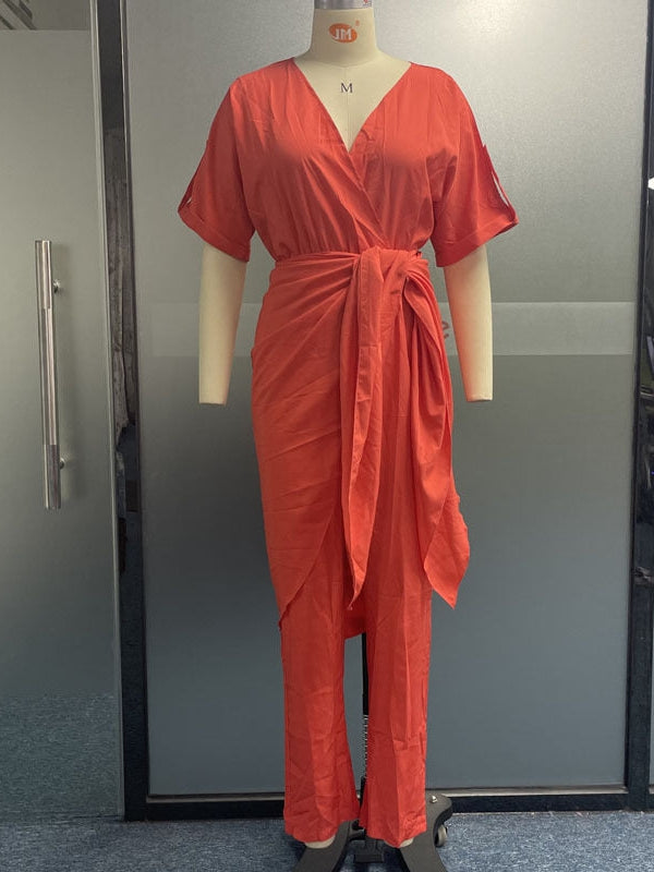 Casual V Neck Short Sleeve Jumpsuit Style Coord Set