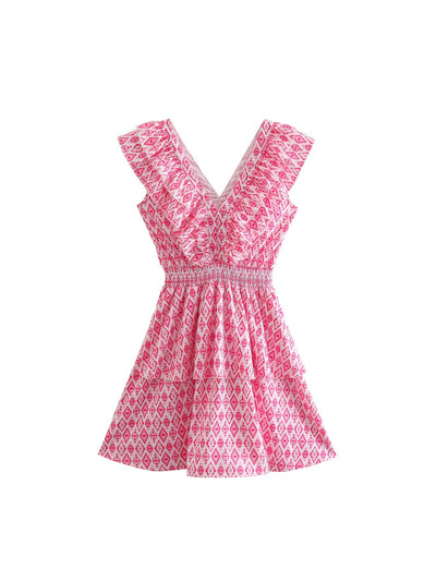 Pink V Neck Sleeveless Double Layer Print Dress
