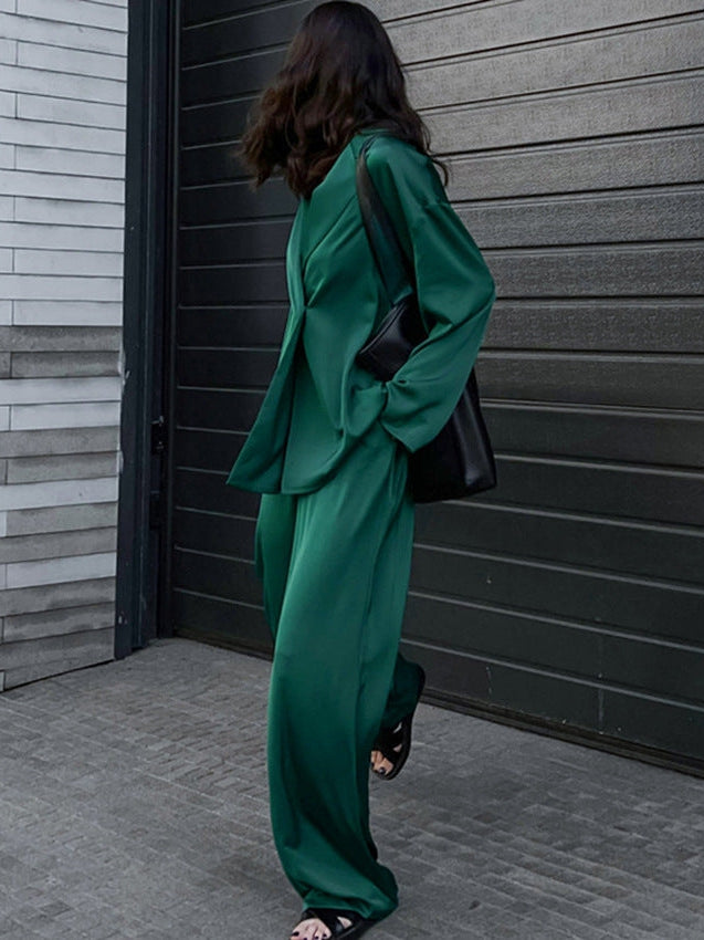 Green Satin Drape Blazer & Wide Leg Pants Coord Set