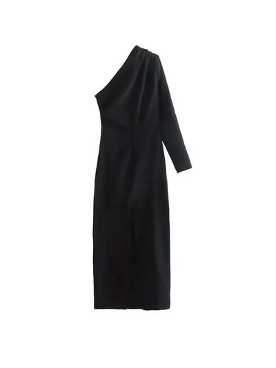Black One Shoulder Long Slit Dress