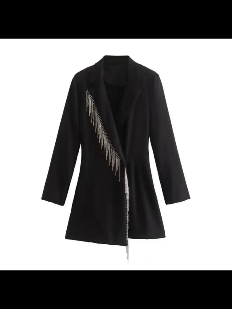 Black Rhinestone Tassel Blazer Dress