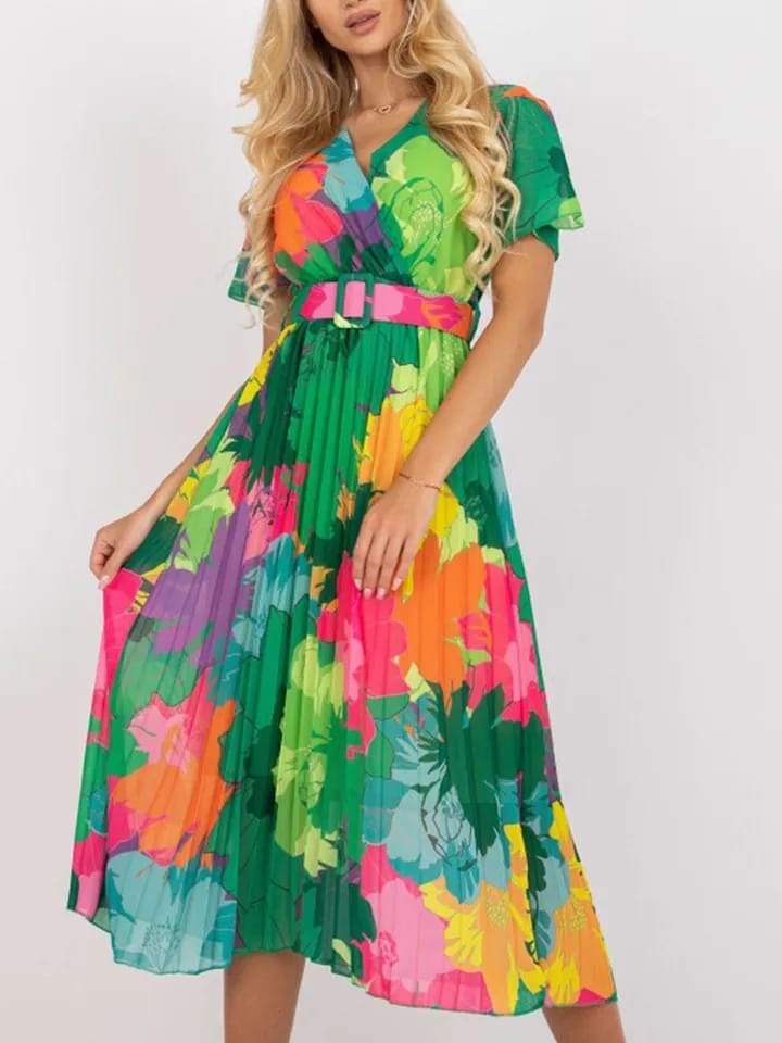 Floral Print Chiffon Dress with Belt