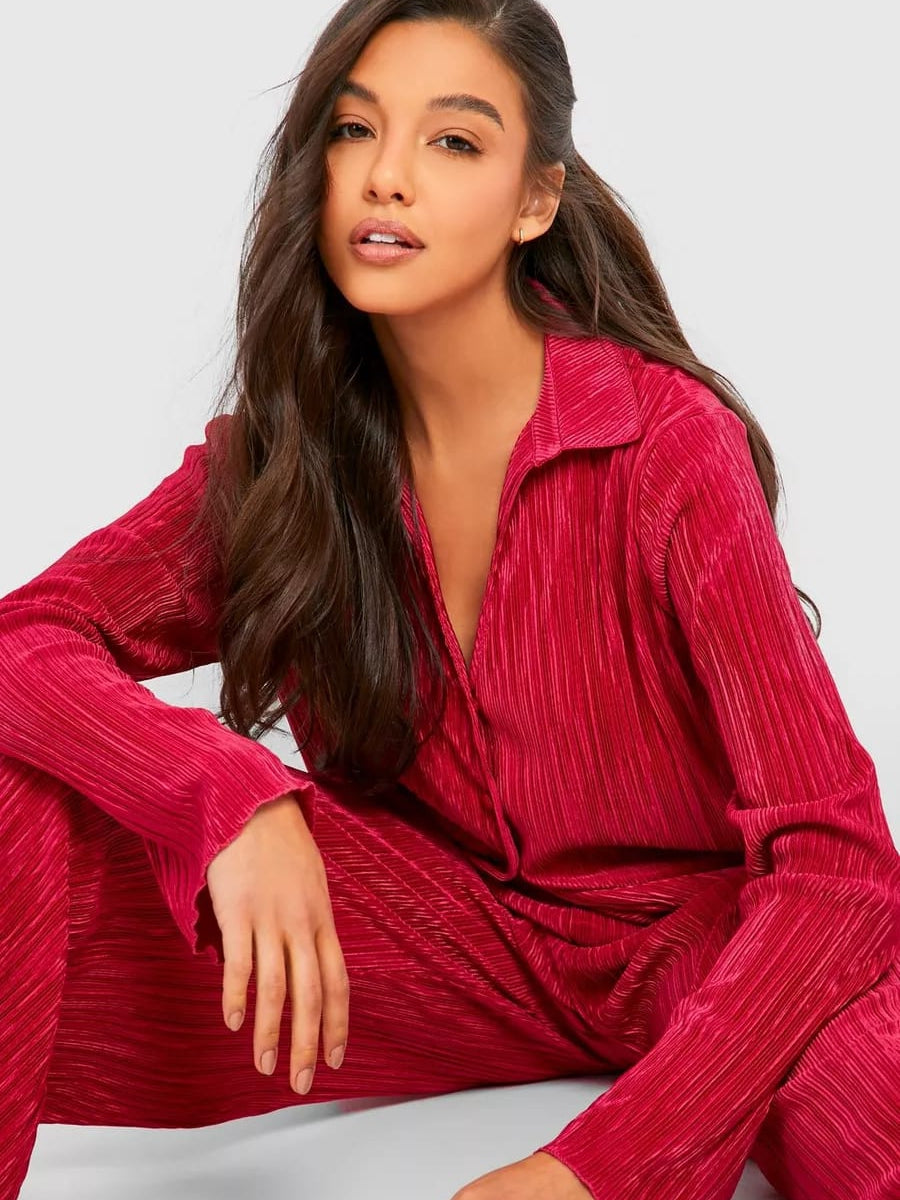 Oversized Pleated Shirt & Pants Elastic Waist Set