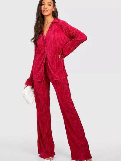 Oversized Pleated Shirt & Pants Elastic Waist Set