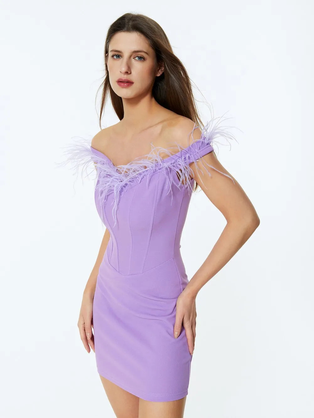 Off Shoudler Corset Feather Fur Dress