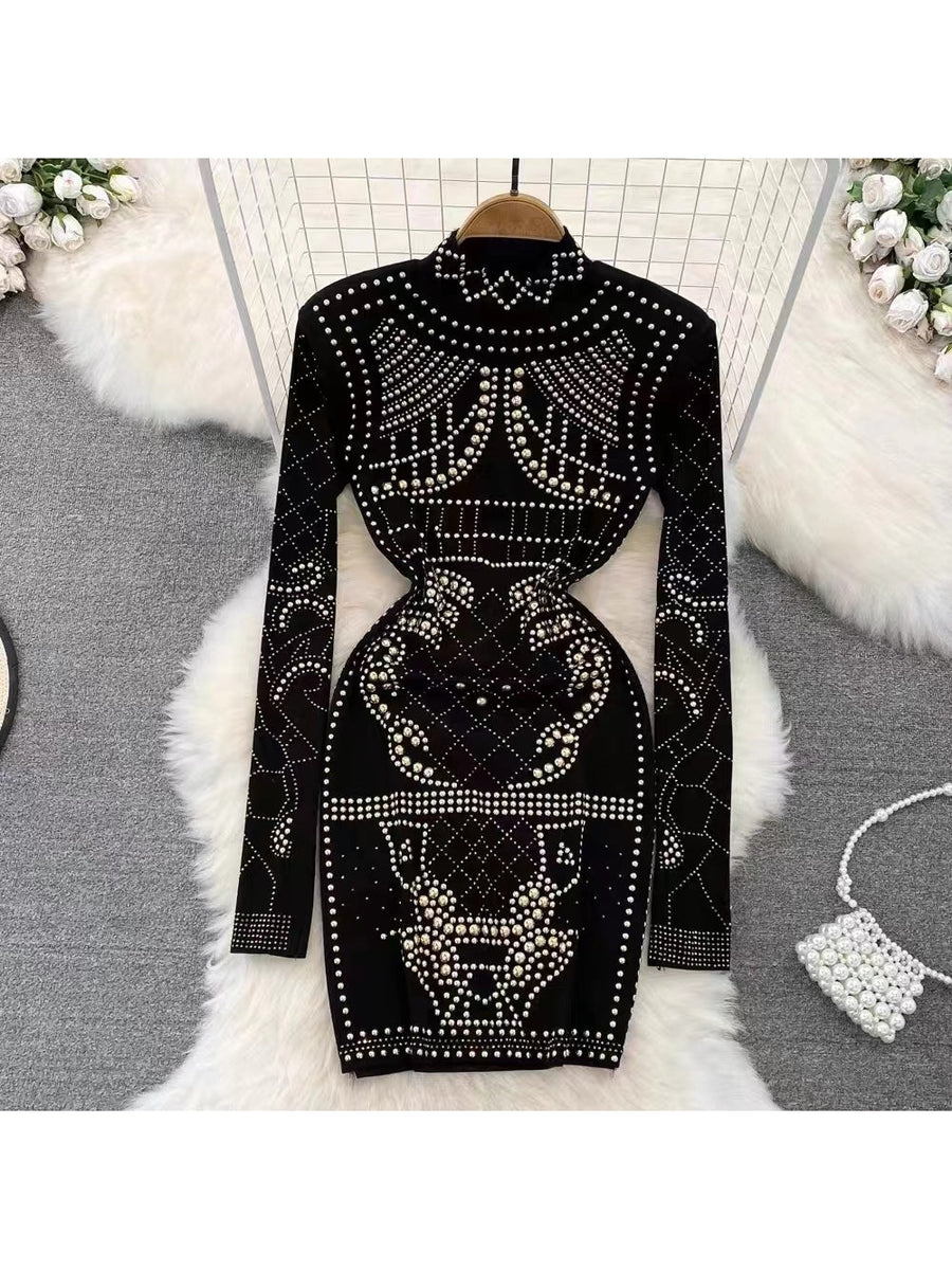 Rivet Buttons Rhinestone Black & Golden Dress Dress