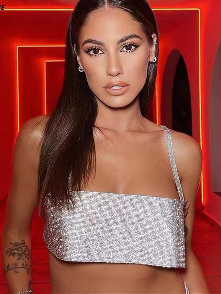 Rhinestone Spaghetti Strap Satin Crop Top