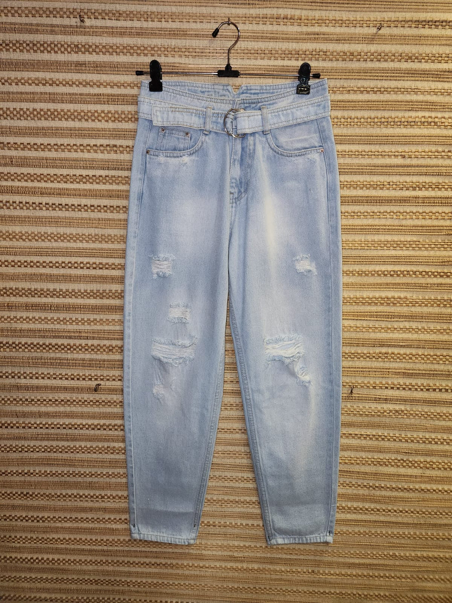 Blue Belted High Waist Denim Pants