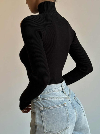 Turtleneck Off Shoulder Black Crop Top T Shirt