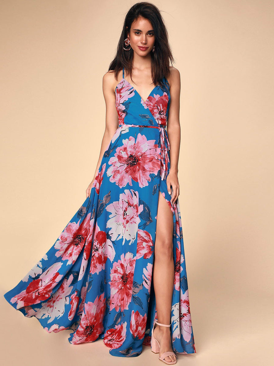 Floral Strap Dress Lace Up Split Summer Dress