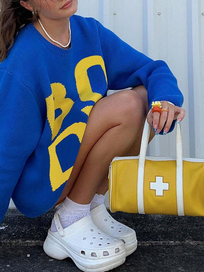 Knitted Boy Letter Print Oversized Sweater Top