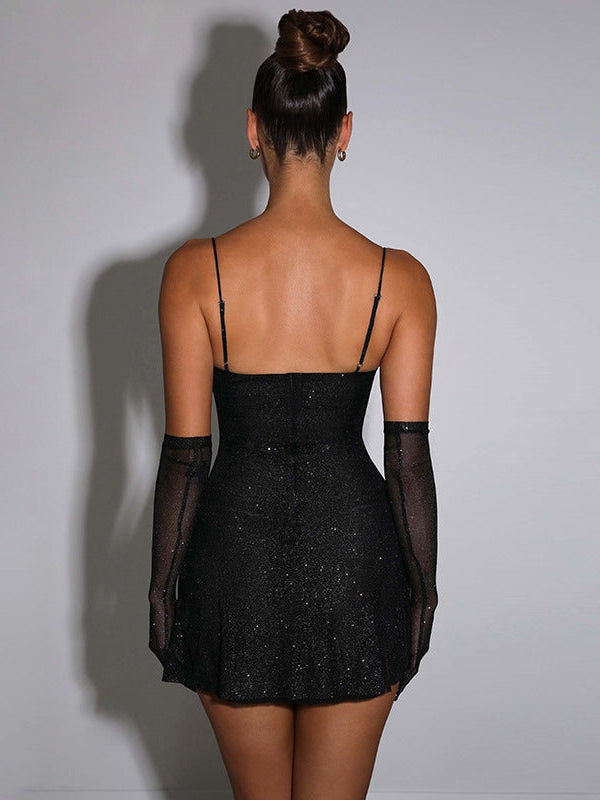 LTS Black Glitter Long Sleeve Ruched Mini Dress | Long Tall Sally