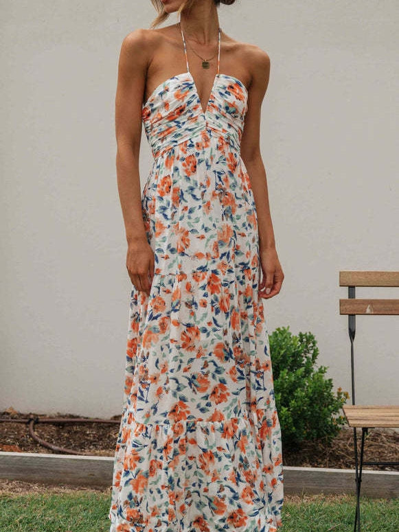 Floral Print Chiffon V Neck Sleeveless Maxi Dress