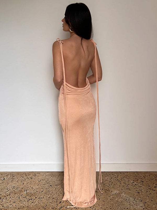 Peach Cowl Neck Backless Maxi Dress