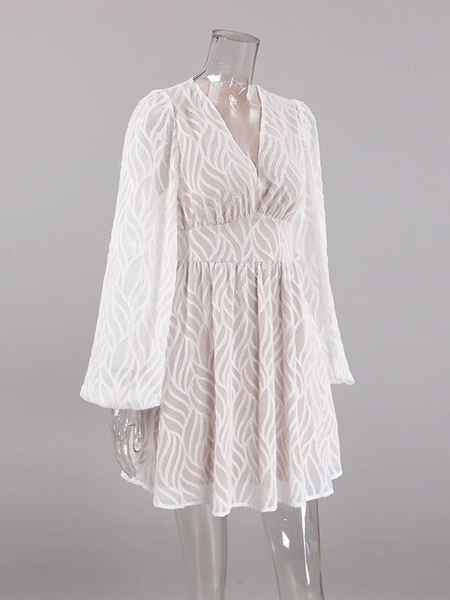 Jacquard Print Lantern Sleeves A Line Dress