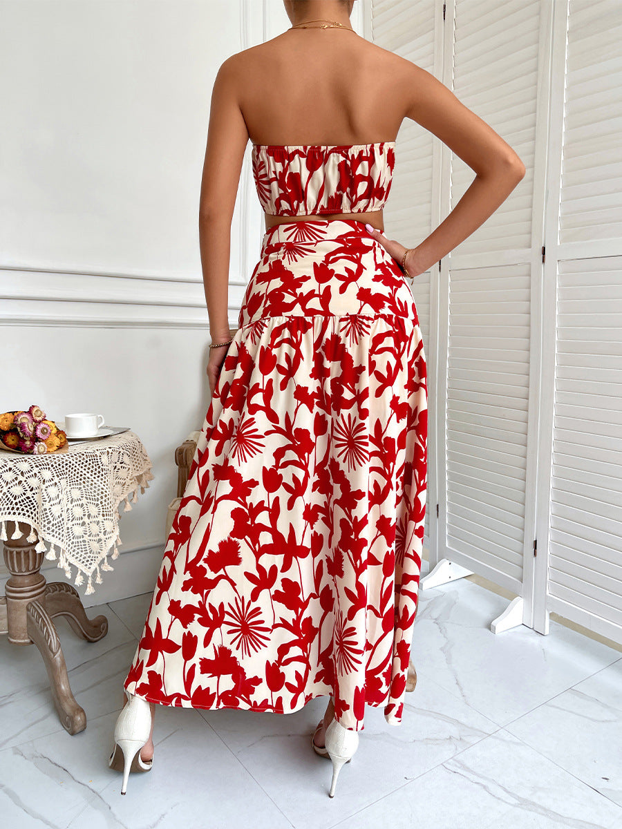 Floral Print Tube Crop Top & Long Skirt Coord Set