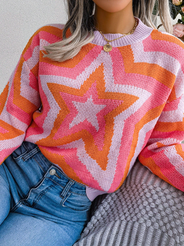 Star Print Long Sleeve Pullover Sweater