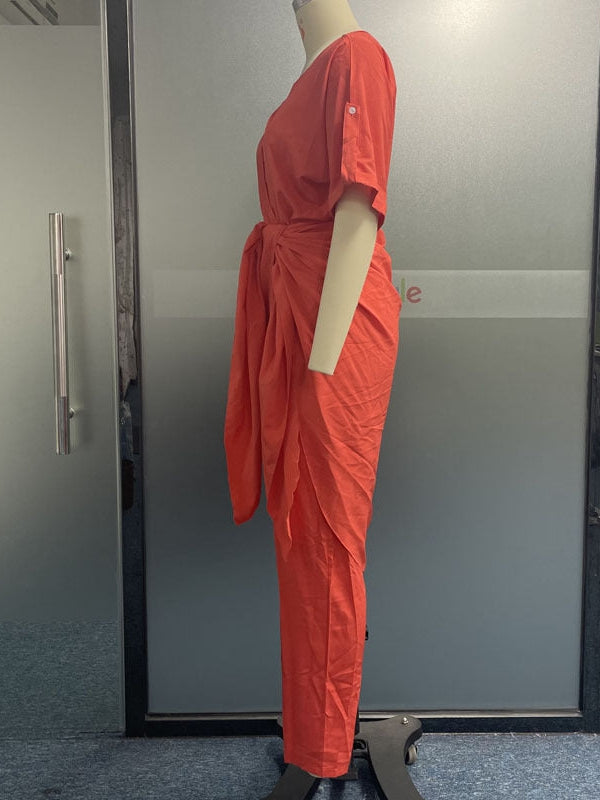 Casual V Neck Short Sleeve Jumpsuit Style Coord Set