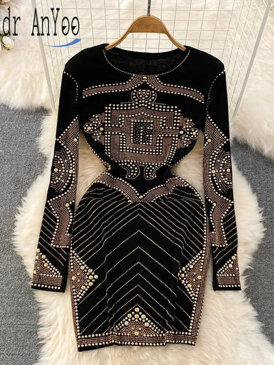 Rivet Buttons Rhinestone Black & Golden Dress Dress