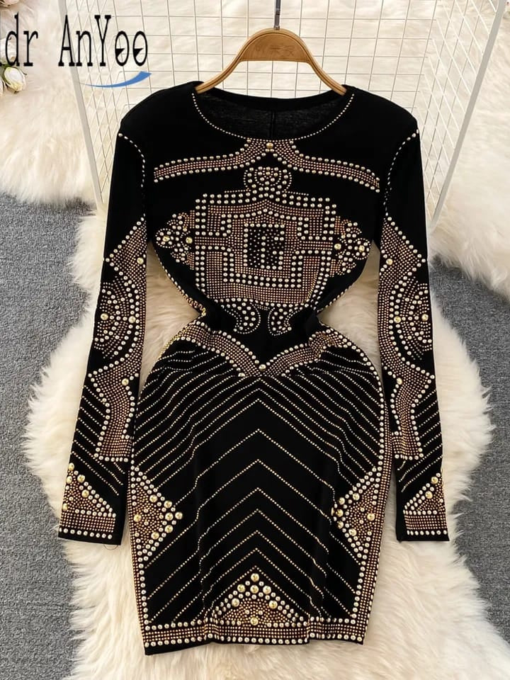 Rivet Buttons Rhinestone Black & Golden Dress Dress