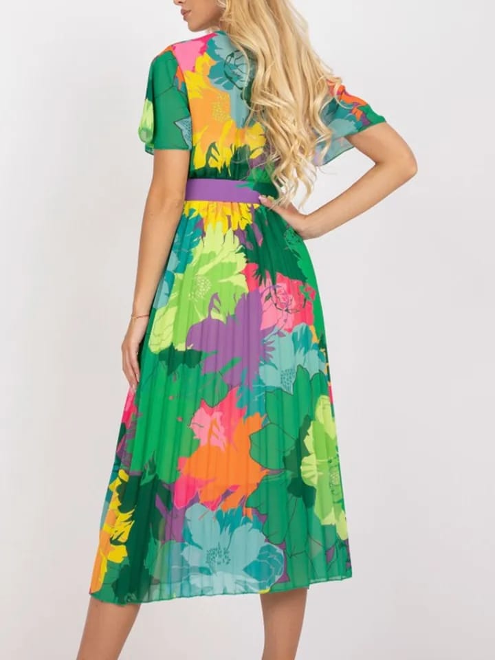 Floral Print Chiffon Dress with Belt