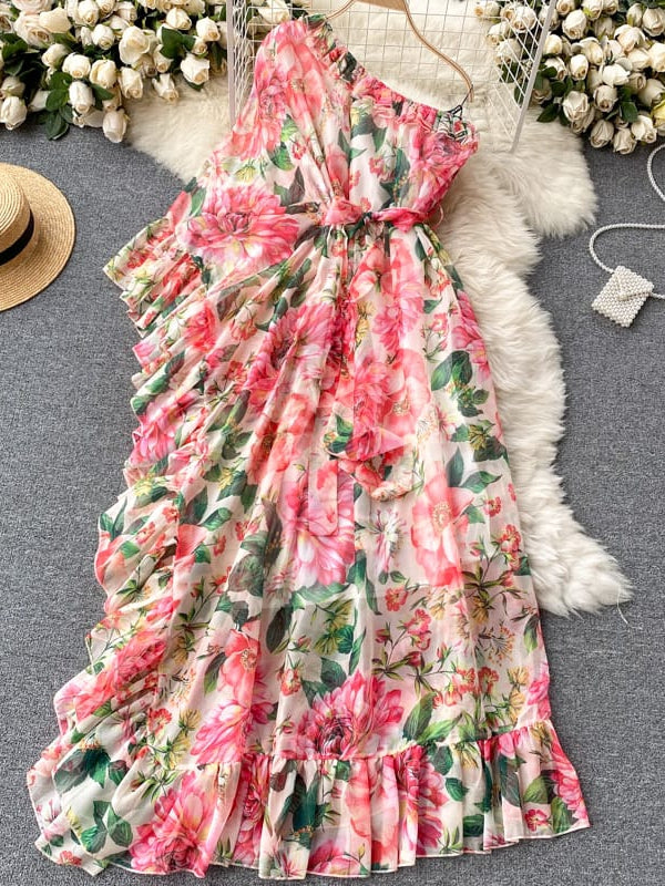 Floral Print One Shoulder Ruffles Maxi Dress