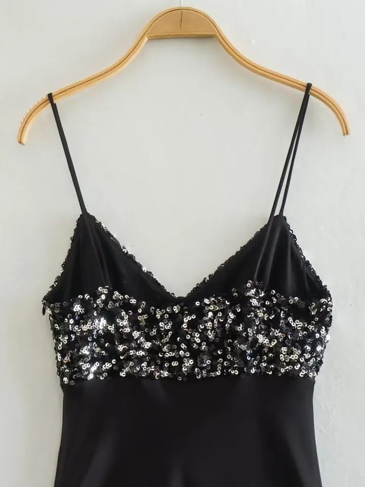 Spaghetti Strap Sequins Satin Maxi Dress