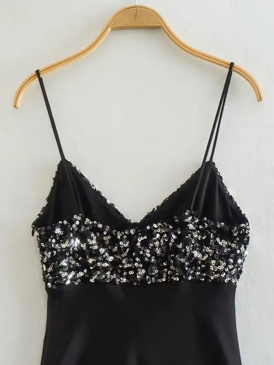 Spaghetti Strap Sequins Satin Maxi Dress