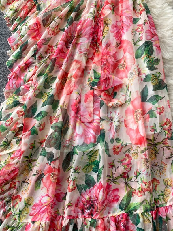 Floral Print One Shoulder Ruffles Maxi Dress